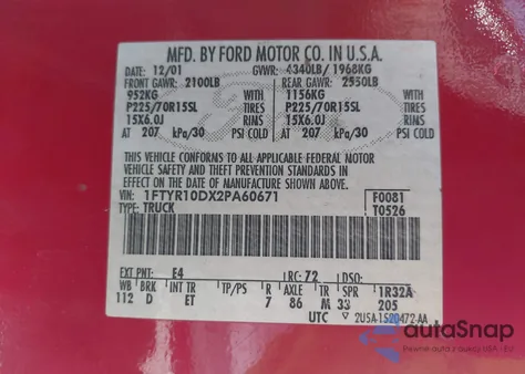 2002 Ford Ranger Xl/Xlt из США, поврежденный, VIN 1FTYR10DX2PA60671